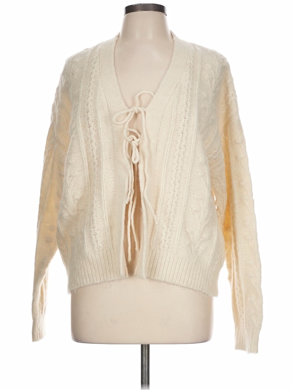 Hem & Thread Cream Lace-Up Cable Knit Cardigan Sweater